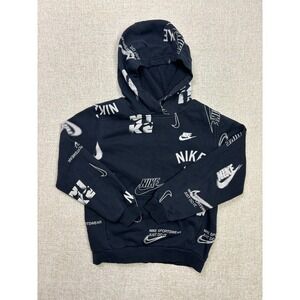 Nike Sportswear Boys All Over Print Logo Hoodie Black White Kids Large L 2154